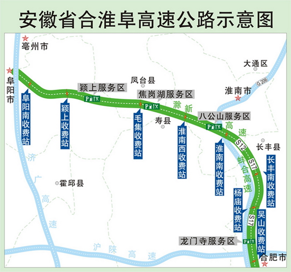 合淮阜高速公路,全长191公里,途经合肥,六安,淮南,阜阳四市.